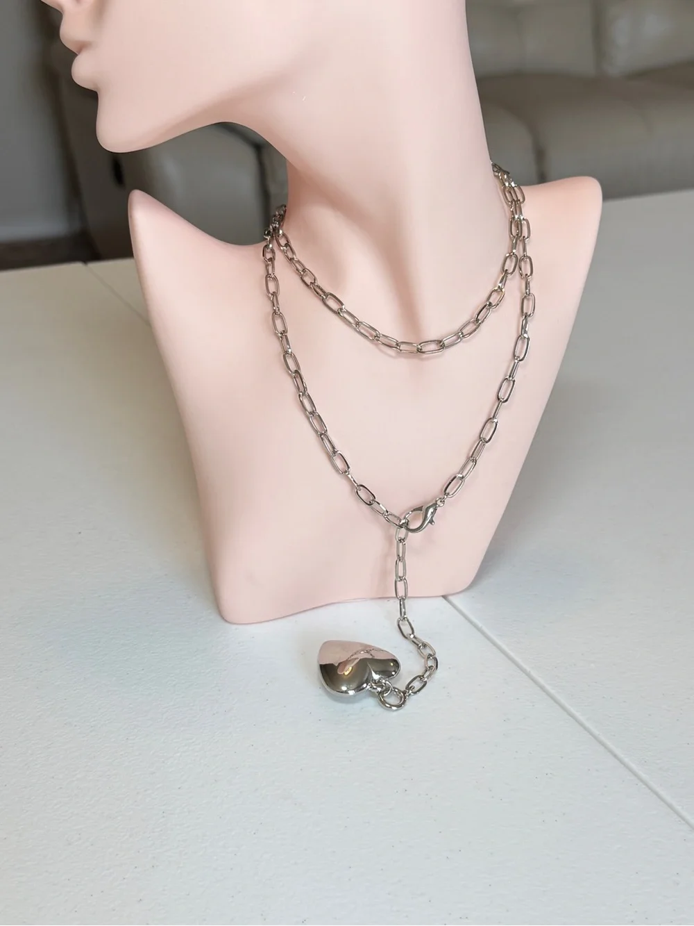 Silver Heart Pendant Long Chain Necklace